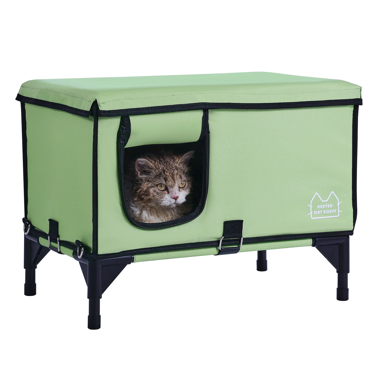 Heated Elevated Cat House Shelter With Warming Pad For Pets Green_voghion.com